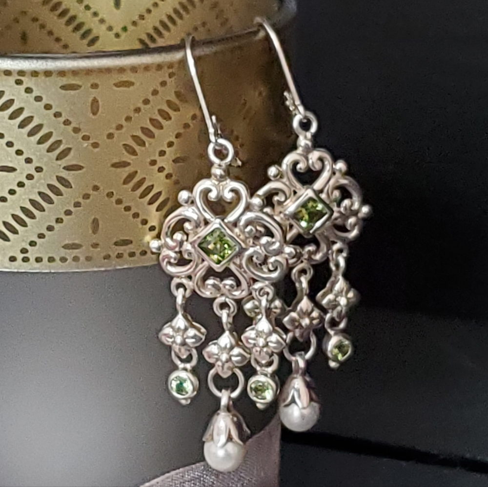 Sterling Silver Chandelier Earrings with Peridots and Pearls - Picture 10 of 16
